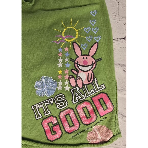 Its Happy Bunny Junior Sz XL Green Drawstring Shorts "It's all good" Y2K Vintage - Picture 2 of 4